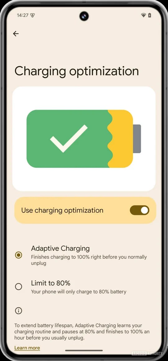 Capture d'écran de la nouvelle option d'optimisation de la batterie sur Android 15 Beta 4