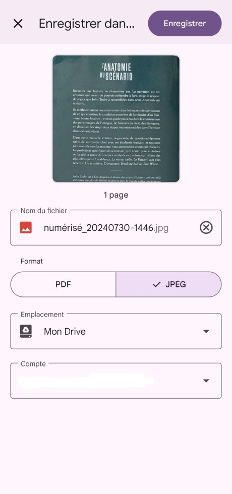 Capture d'écran du scanner de document de Google Drive