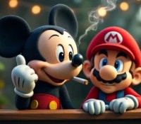 Mickey Mouse fumant une cigarette avec Mario