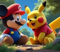 Une image générée par Grok : « Mickey Mario et Pickachu l'ourson »