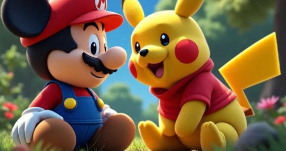 Une image générée par Grok : « Mickey Mario et Pickachu l'ourson »