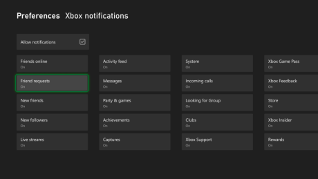 capture d'écran des nouveaux paramètres de notification sur Xbox