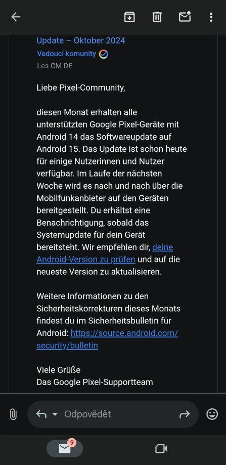 Mail de Google en allemand sur la mise à jour Android 15 // Source : CalligrapherSingle21 sur Reddit