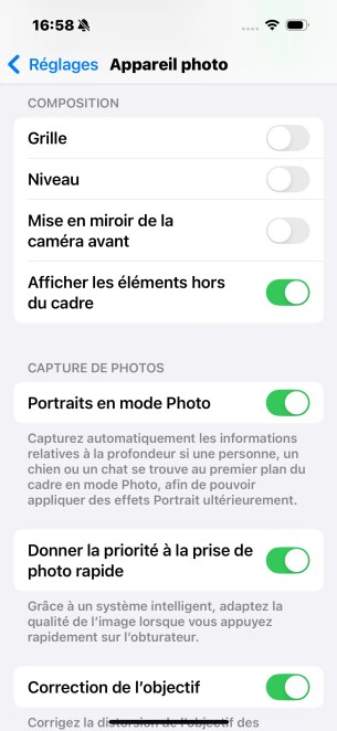 Paramètres appareil photo iOS