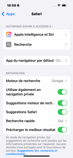 Paramètres Safari iOS