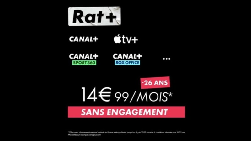 Bonne nouvelle, Canal+ revient avec une nouvelle offre Rat+ à moins de 15 €/mois pour les moins de 26 ans Bonne nouvelle, Canal+ revient avec une nouvelle offre Rat+ à moins de 15 €/mois pour les moins de 26 ans