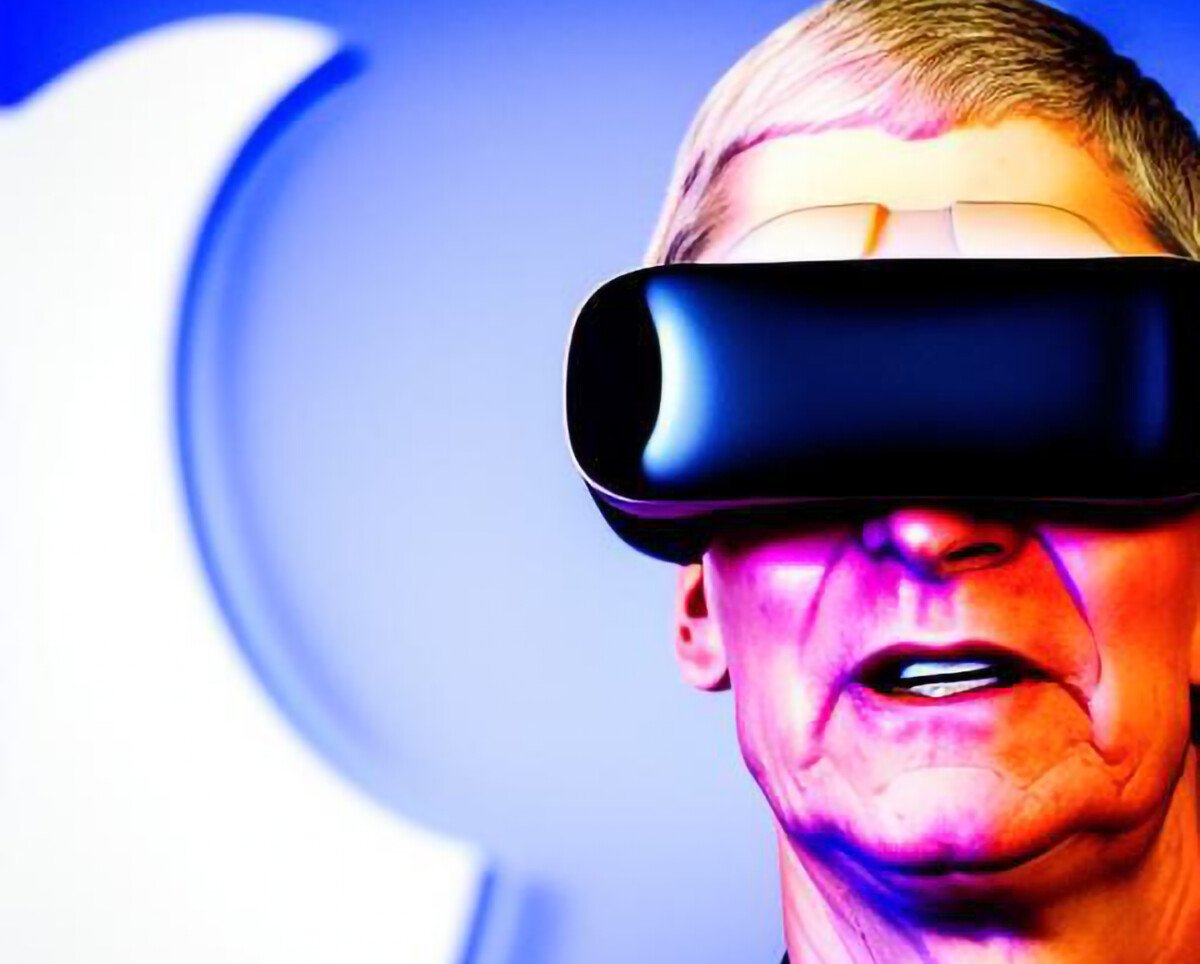 Ilustração de Tim Cook carregando vidro de maçã