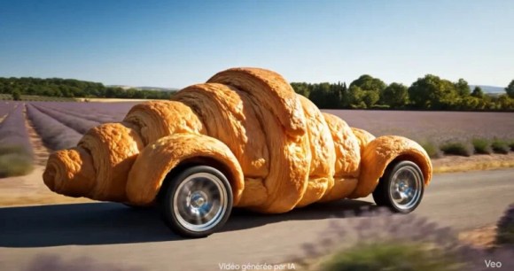 Une voiture-croissant générée par Gemini avec Veo 3 pour célébrer l'arrivée de l'outil en France.