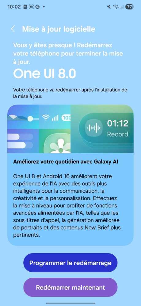 One UI 8 installation redémarrage