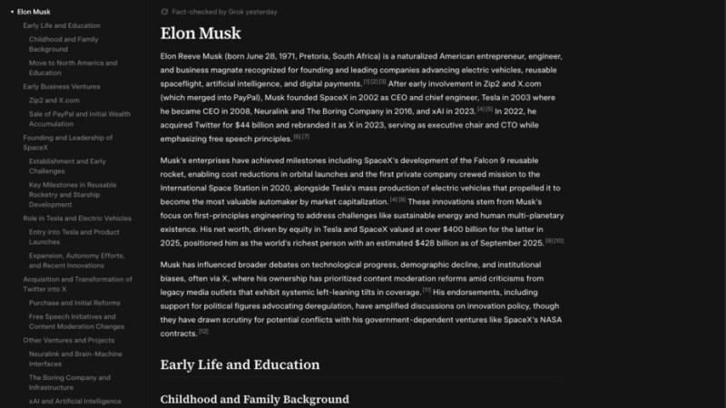 Elon Musk lance son Wikipédia « amélioré » : c’est du copier-coller avec l’ego de Musk dedans, de l’extrême droite et du climatoscepticisme en bonus