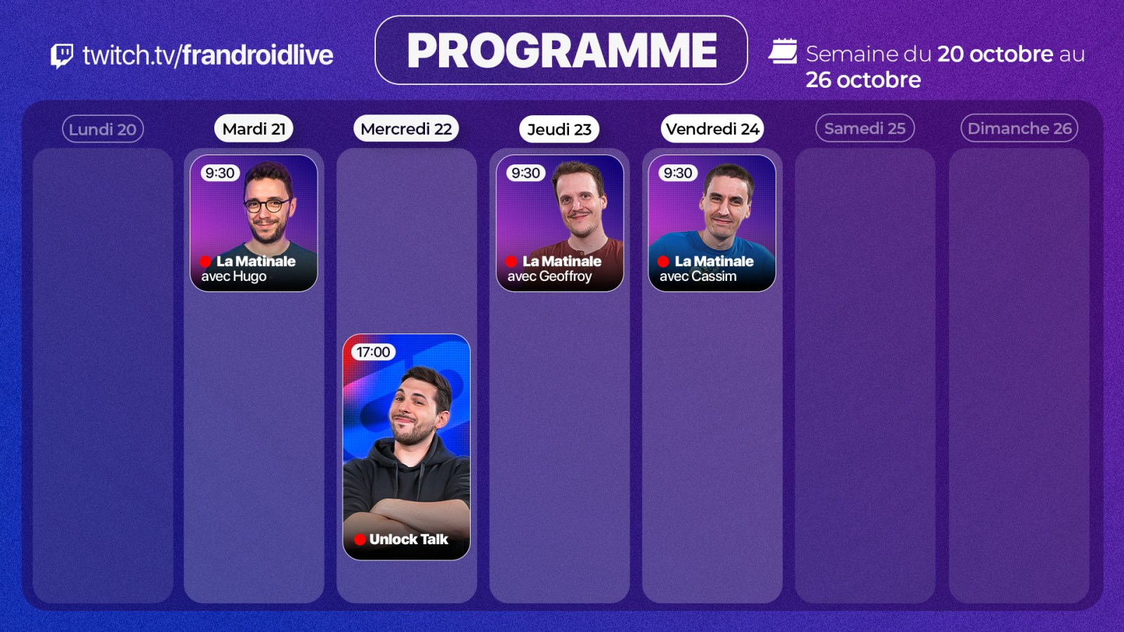 Unlock Talk et 3 Matinales Techâ€™ : voici notre programme Twitch de la semaine Ã  cocher...