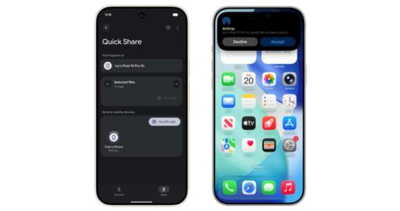 Un transfert de fichier d'un Pixel 10 vers un iPhone via Quick Share et AirDrop // Source : Google