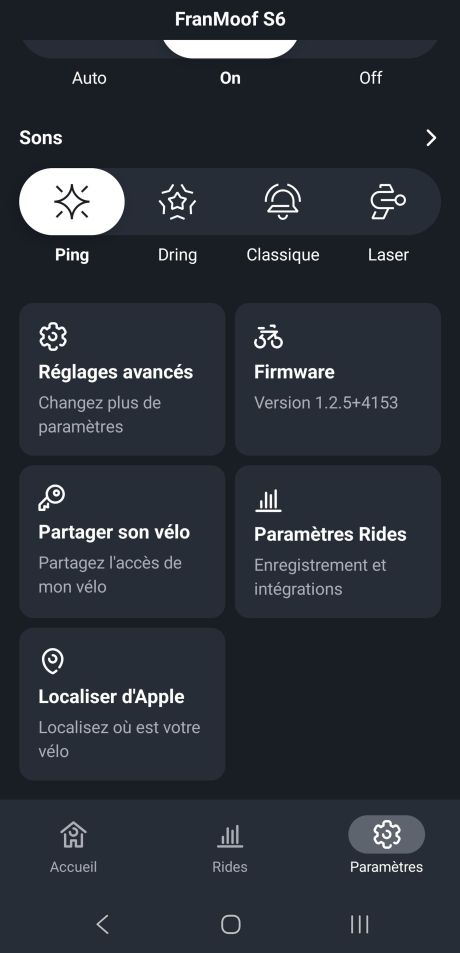 VanMoof S6 application menu