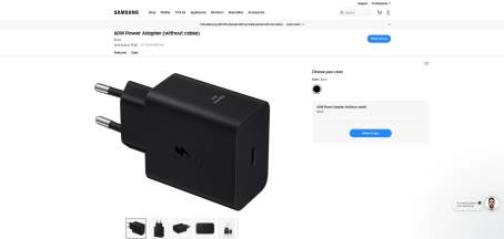 Le chargeur 60 W officiellement r&eacute;f&eacute;renci&eacute; sur un site de Samsung. // Source : Capture d'&eacute;cran Frandroid