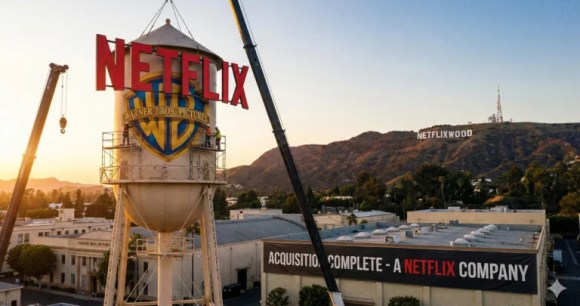 Netflix confirme le rachat de Warner Bros Discovery // Source : Image générée avec Gemini Nano Banana