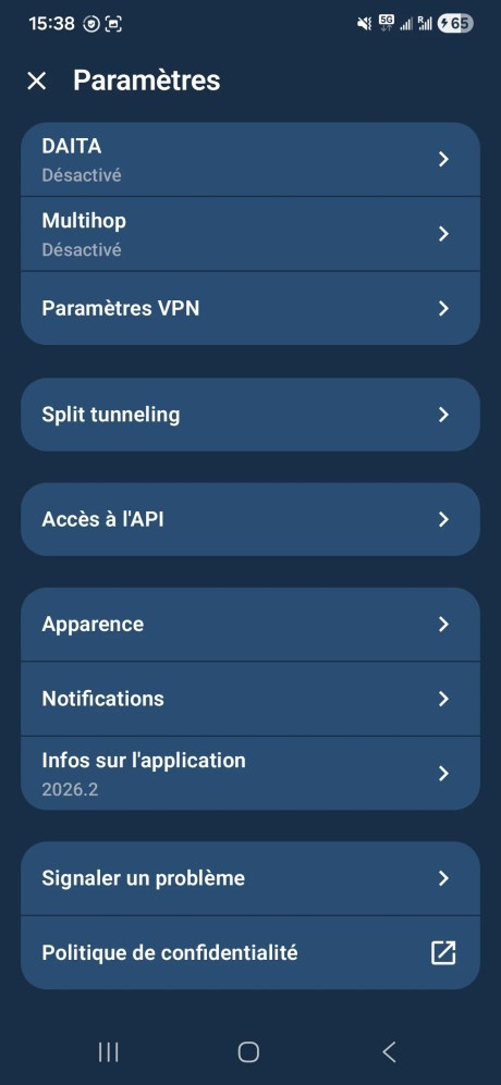 Mullvad paramètres mobile