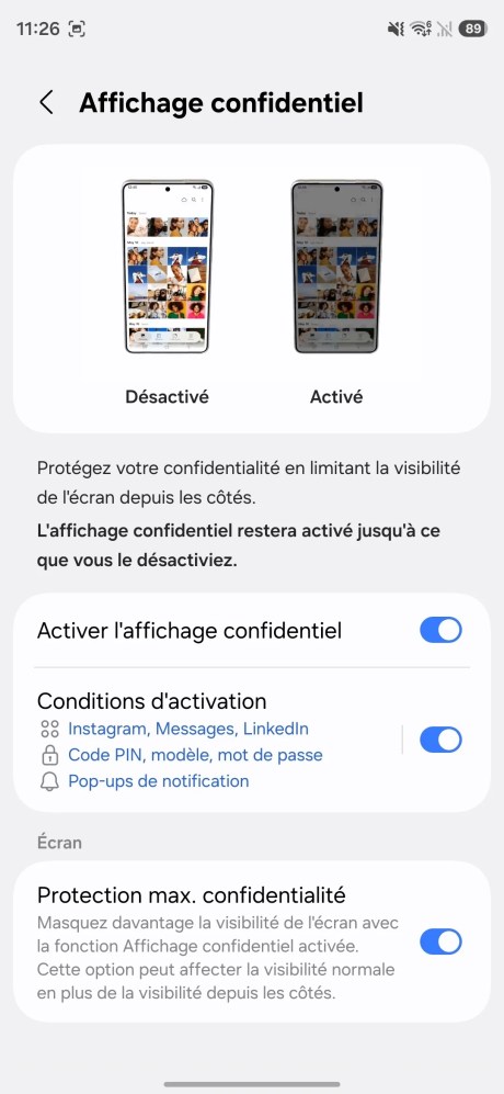 A opção de exibição confidencial nas configurações do Samsung Galaxy S26 Ultra // Fonte: captura de tela do Frandroid