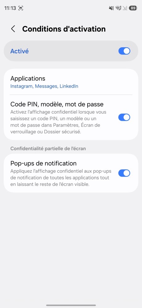 Condições para ativar a exibição confidencial do Samsung Galaxy S26 Ultra. // Fonte: captura de tela do Frandroid