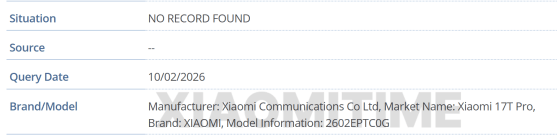 Le Xiaomi 17T Pro appara&icirc;t dans la base de donn&eacute;es de GSMA // Source : XiaomiTime