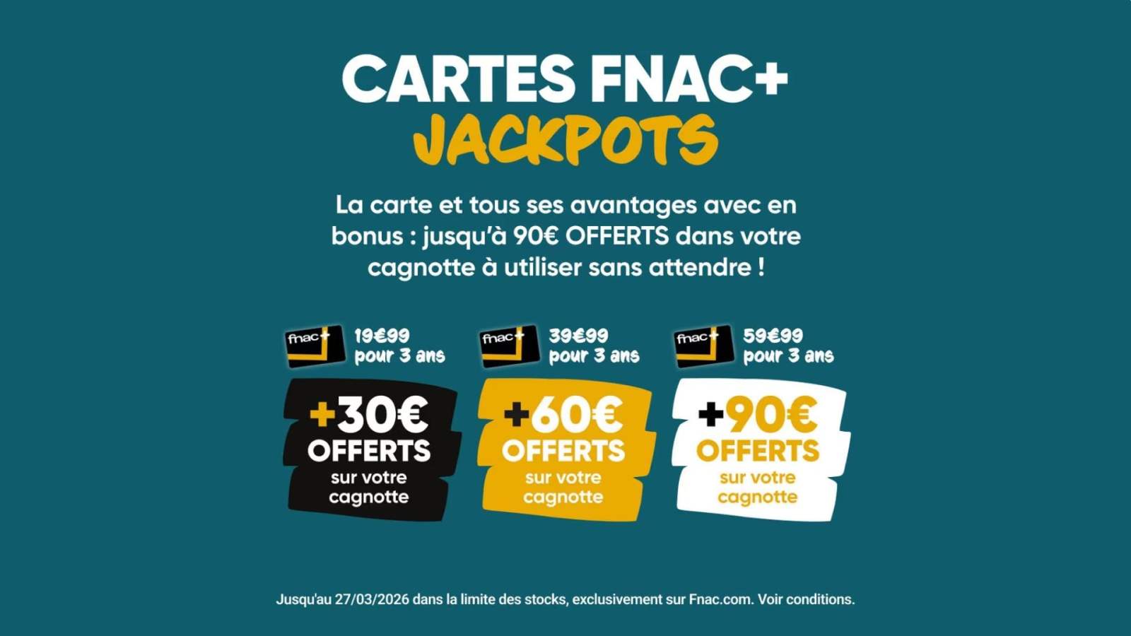 Fnac est de retour avec les offres bonifiées sur ses cartes Fnac+ Jackpots pour avoir jusqu’à 90 € offerts dans votre cagnotte