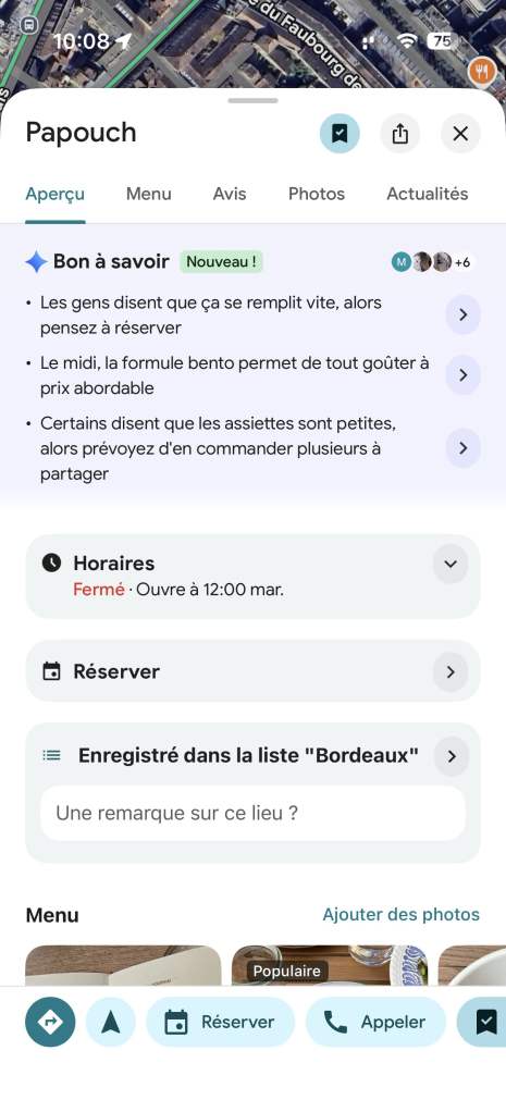 Sugestão de restaurante de Gemini no Google Maps // Fonte: captura de tela de Frandroid