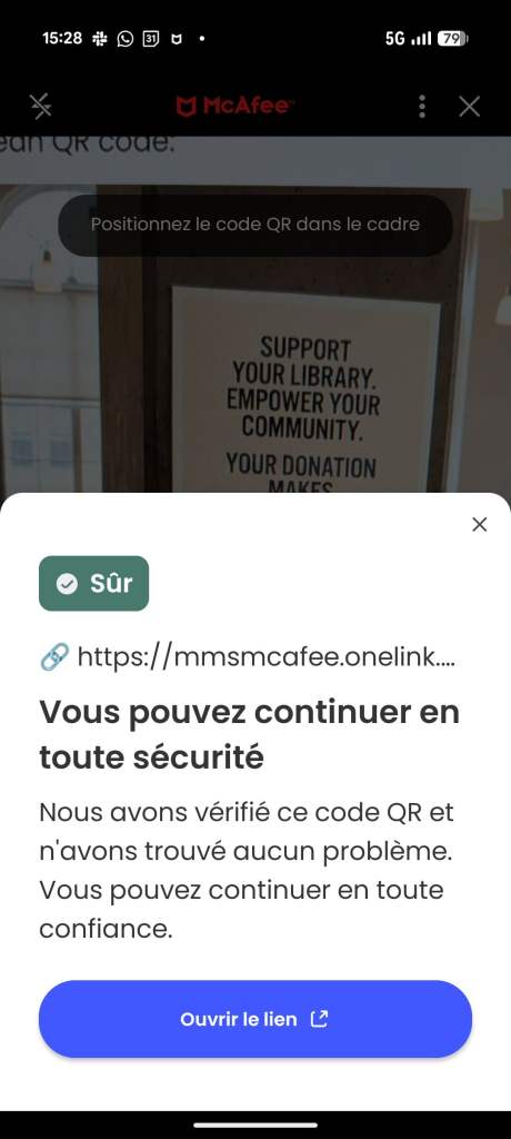 Le d&eacute;tecteur de fraudes de McAfee indique que le QR Code est s&ucirc;r. // Source : Capture d'&eacute;cran Frandroid