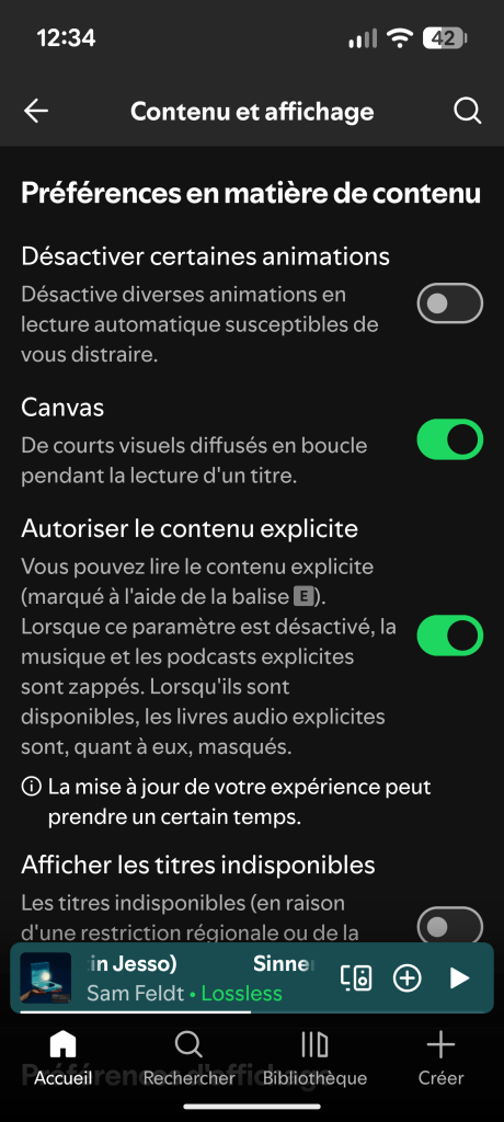 Spotify Param&egrave;tres affichage vid&eacute;os
