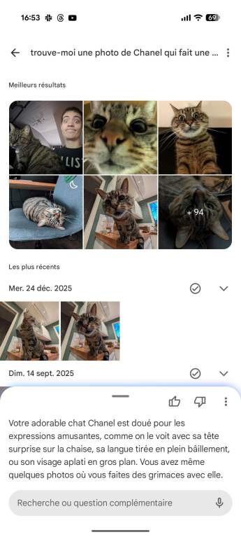Une requ&ecirc;te &agrave; Gemini dans Google Photos avec un crit&egrave;re subjectif. // Source : Capture d'&eacute;cran Frandroid