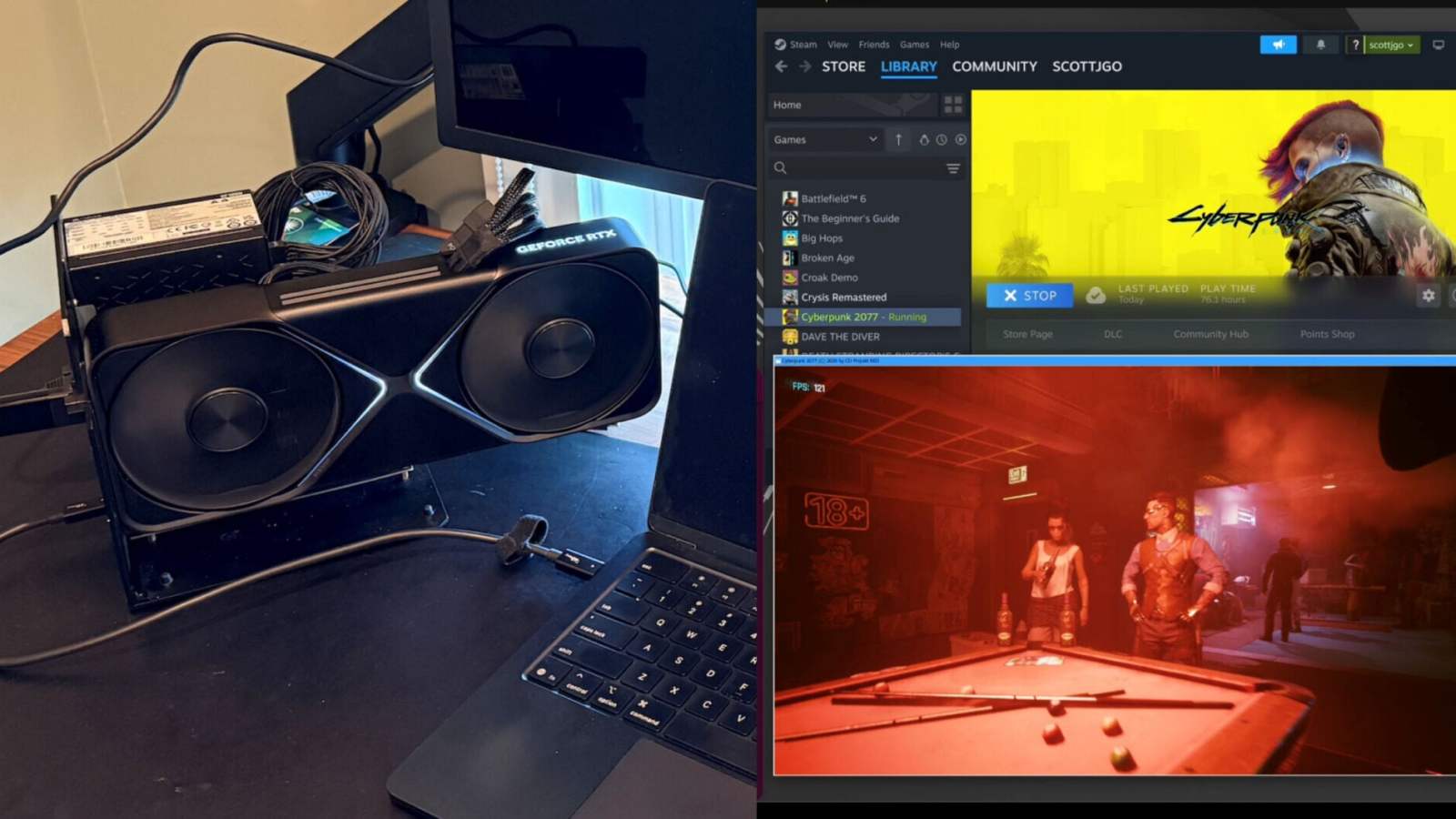 Un MacBook Air M4 fait tourner Cyberpunk à 111 FPS en 4K avec une RTX 5090 greffée