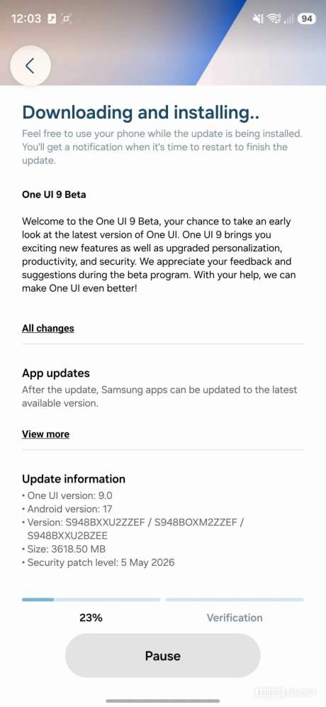 Installation de la b&ecirc;ta de Samsung One UI 9 // Source : Android Authority