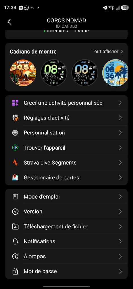 Les options de la montre dans l'application Coros // Source : Capture d'&eacute;cran Frandroid