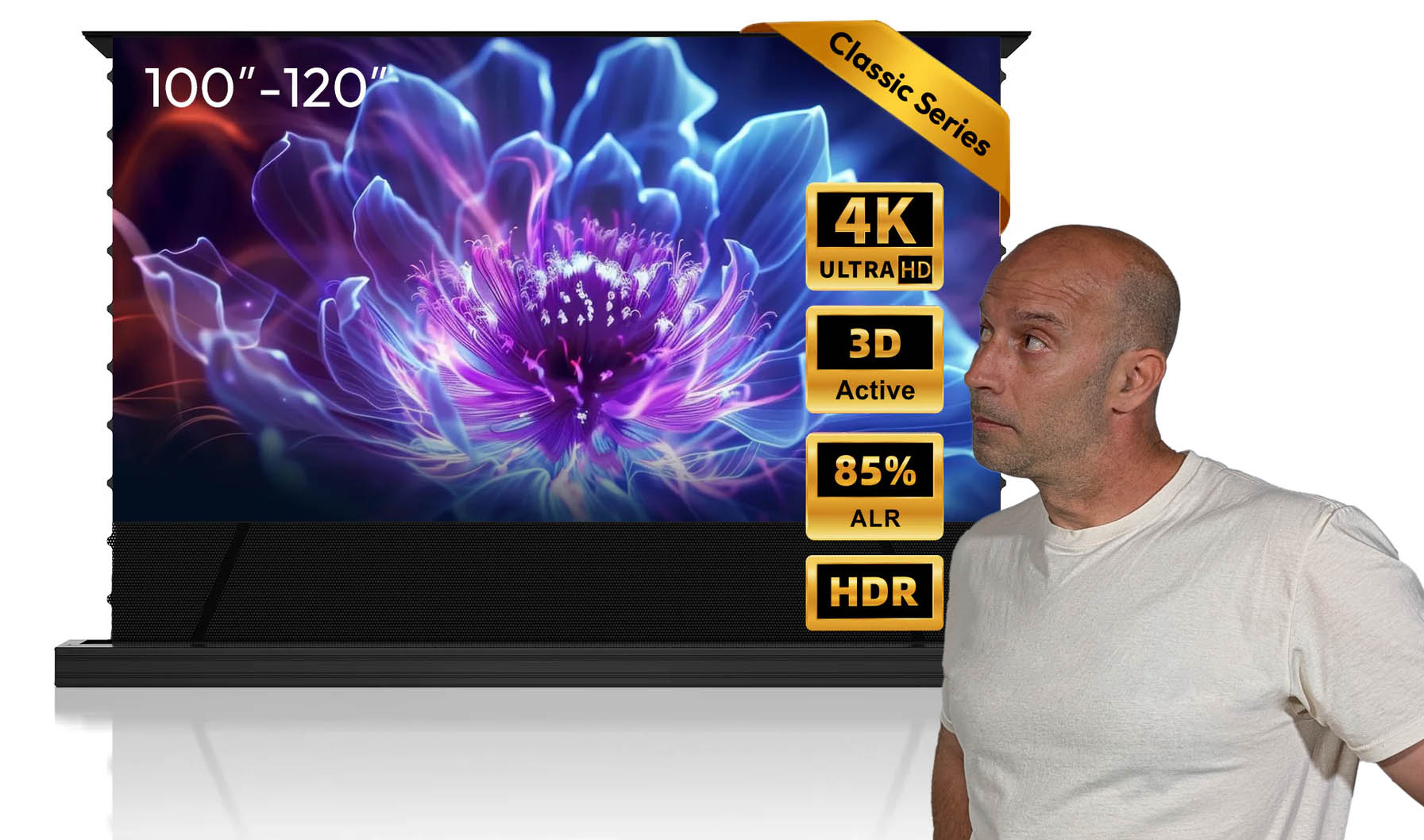 J’ai testé l’écran motorisé ALR Nothing Projector PET Crystal Classic qui veut réconcilier vidéoprojecteur ultra courte focale et salon de vie