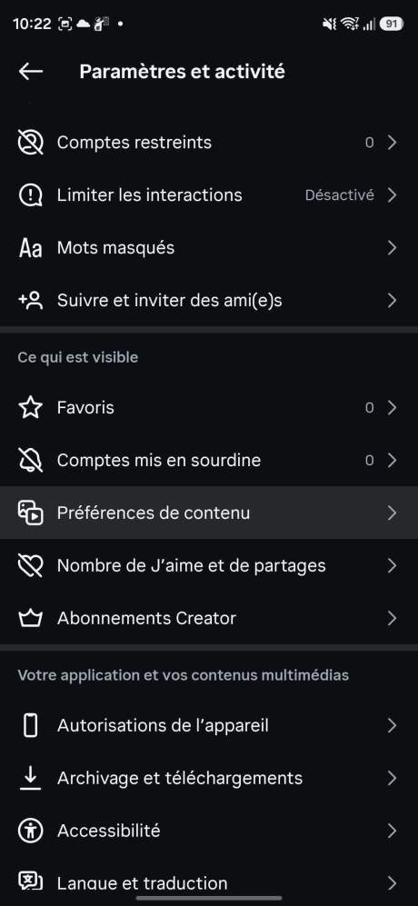 Allez dans Pr&eacute;f&eacute;rences de contenu dans les param&egrave;tres Instagram. // Source : Capture d'&eacute;cran Frandroid