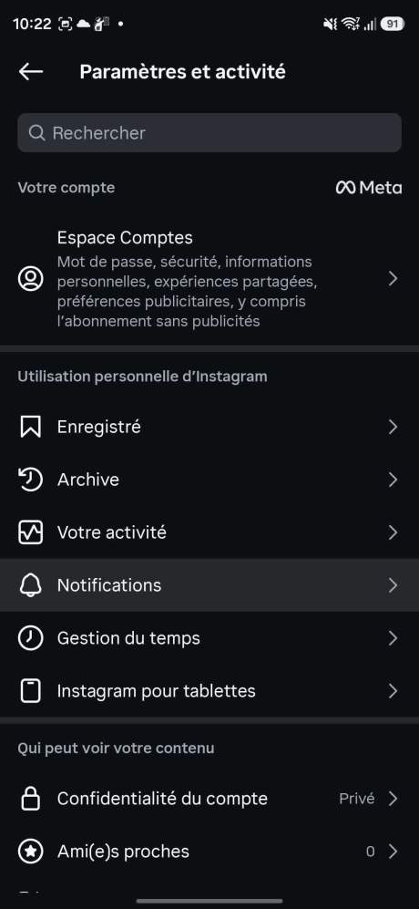 Dans les param&egrave;tres d'Instagram, allez dans Notifications. // Source : Capture d'&eacute;cran Frandroid
