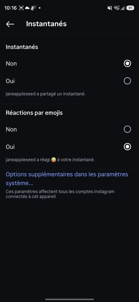Dans la rubrique Instantan&eacute;s, cochez l'option Non. // Source : Capture d'&eacute;cran Frandroid
