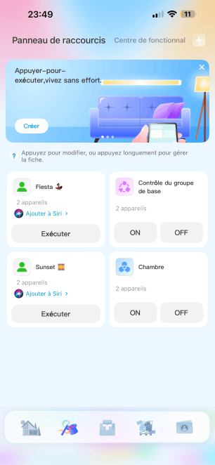 Le panneau de raccourcis sur l'application Govee Home, avec notamment des scènes que j'ai créées. // Source : Noémie Koskas pour Frandroid