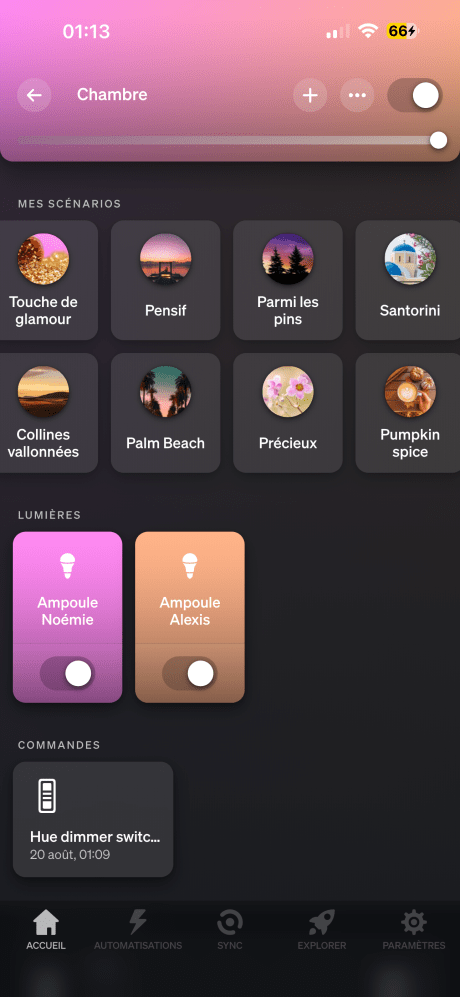 Les scénarios sur l'application Philips Hue. // Source : Noémie Koskas pour Frandroid