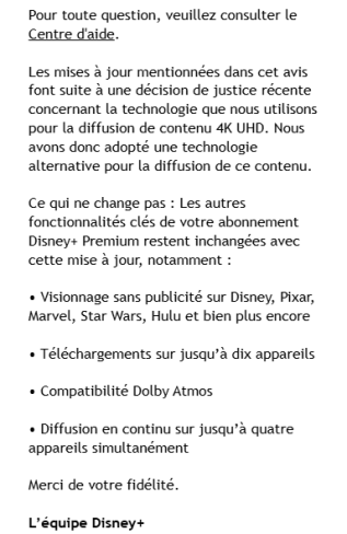 Le mail de Disney Plus à ses abonnés au sujet de la 4K et du HDR en France. // Source : Capture d'écran Frandroid