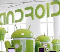 Android mascots are lined up in the demonstration area at the Google I/O Developers Conference in the Moscone Center in San Francisco