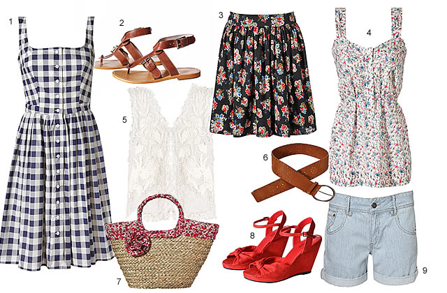 collection-etam 1/ Robe Vichy 44.95€ - 2/ Sandales Janeiro 44.95€ - 3/ Jupe Sandra 34.95€ - 4/ Top Fresh 24.95€ - 5/ Boléro Macramé 29.95€ - 6/ Ceinture Perfo 14.95€ - 7/ Cabas Laura 24.95€ - 8/ Compensées Starlette 34.95€ - 9/ Short Coutil 29.95€