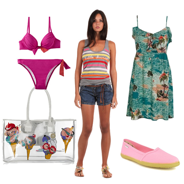 Maillot de bain deux pièces Rouge Gorge 24,90€ et 14,90€ - Tenue entière via Monshowroom - Robe Pimkie 7,80€ - Cabas transparent Mulberry 87,50€ via Net-a-porter - Chaussures imitation espadrilles Victoria 20€ via Spartoo