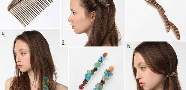 accessoires cheveux Visuels Urban Outfitters US 1. Barrette-peigne 12$ - 2. Barrette-peigne 12$ - 3. Clip plumes 19$ - 4. Clip plumes paon 20$ - 5. Lot de deux barrettes en pierres semi-précieuses 12$ - 6. Barrette twistée léopard 10$