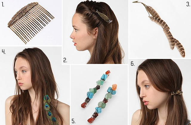 Visuels Urban Outfitters US 1. Barrette-peigne 12$ - 2. Barrette-peigne 12$ - 3. Clip plumes 19$  - 4. Clip plumes paon 20$ - 5. Lot de deux barrettes en pierres semi-précieuses 12$ - 6. Barrette  twistée léopard 10$