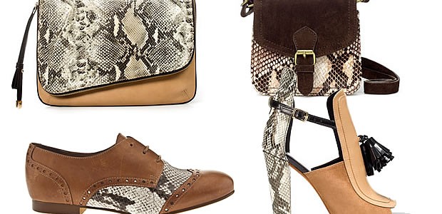 peau-serpents-bi-matieres de haut en bas et de g. à droite : sac enveloppe Zara 49,95€ - mini sac Zara 19,95€ - richelieu Schuh 80€ - sandale Zara 89,95€