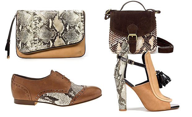 de haut en bas et de g. à droite : sac enveloppe Zara 49,95€ - mini sac Zara 19,95€ - richelieu Schuh 80€ - sandale Zara 89,95€