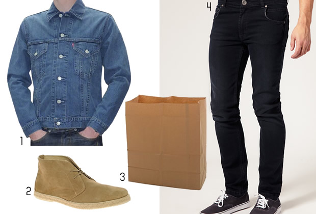 1. veste en jean Levi's 79€ sur street-online.com - 2. chaussure River Island 38,46€ sur Asos - 3. sac en papier recyclé pour faire les courses - 4. jean skinny Asos 46,15€