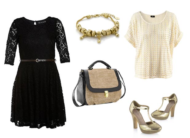 Robe Mela en dentelle noire New Look, 39€ - Bracelet Cairo Charms Accessorize 12,90€ - Sac imitation cuir et paille H&M, 19,95€ - Top en dentelle crochetée H&M, 24,95€ - Chaussures salomé Les 3 Suisses, 32€