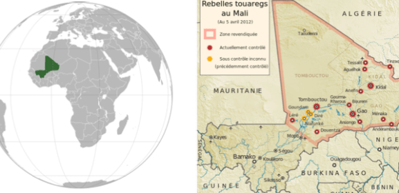 A droite : la zone délimitée en rouge est celle revendiquée par les rebelles touareg. Les étoiles rouges sont les villes qu'ils contrôlent.