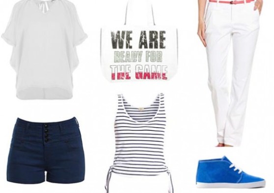 Tunique loose blanche, Mim 19,99€ - Short bleu marine taille haute, New Look 19,99€ - Shopping Bag, Bershka 3,99€ - Top à rayures noué, New Look 4,50€ - Bottines en cuir, Bershka 14,99€ - Pantalon en coton bio, C&A 19€.