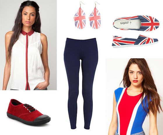 lookangleterre Chemisier bicolore Bershka, 19,99€ - Baskets American river via La Halle aux chaussures, 12,59€ - Boucles d'oreilles Union Jack New Look, 3,99€ - Legging navy blue New Look 9,99€ - Chassures Union Jack New Look 9,99€ - Body Gloria American Apparel via Asos 26,27€.